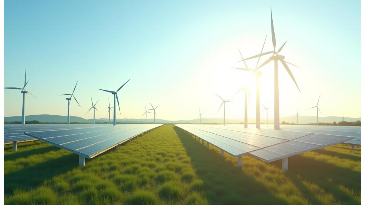 Gortanna gaoithe agus solar cumhachtacha le grian ag lonrú sa chúlra